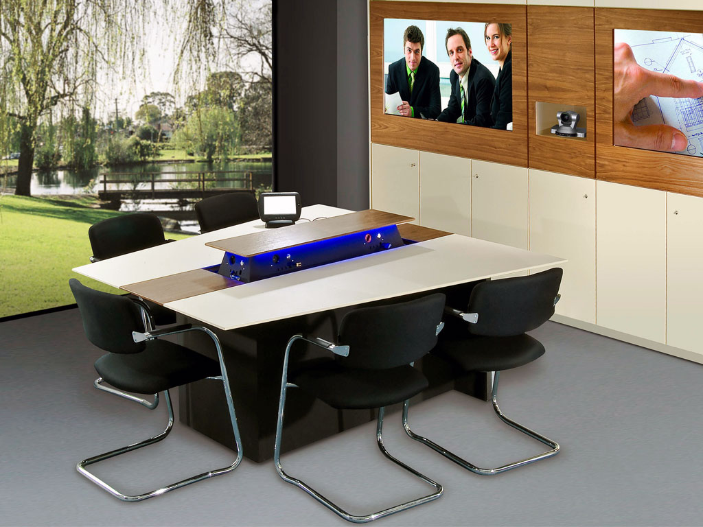 Konferenztisch mit herausfahrbarem Modul für Anschlussfelder, Mediensteuerungen, Zuspielgeräte, etc.