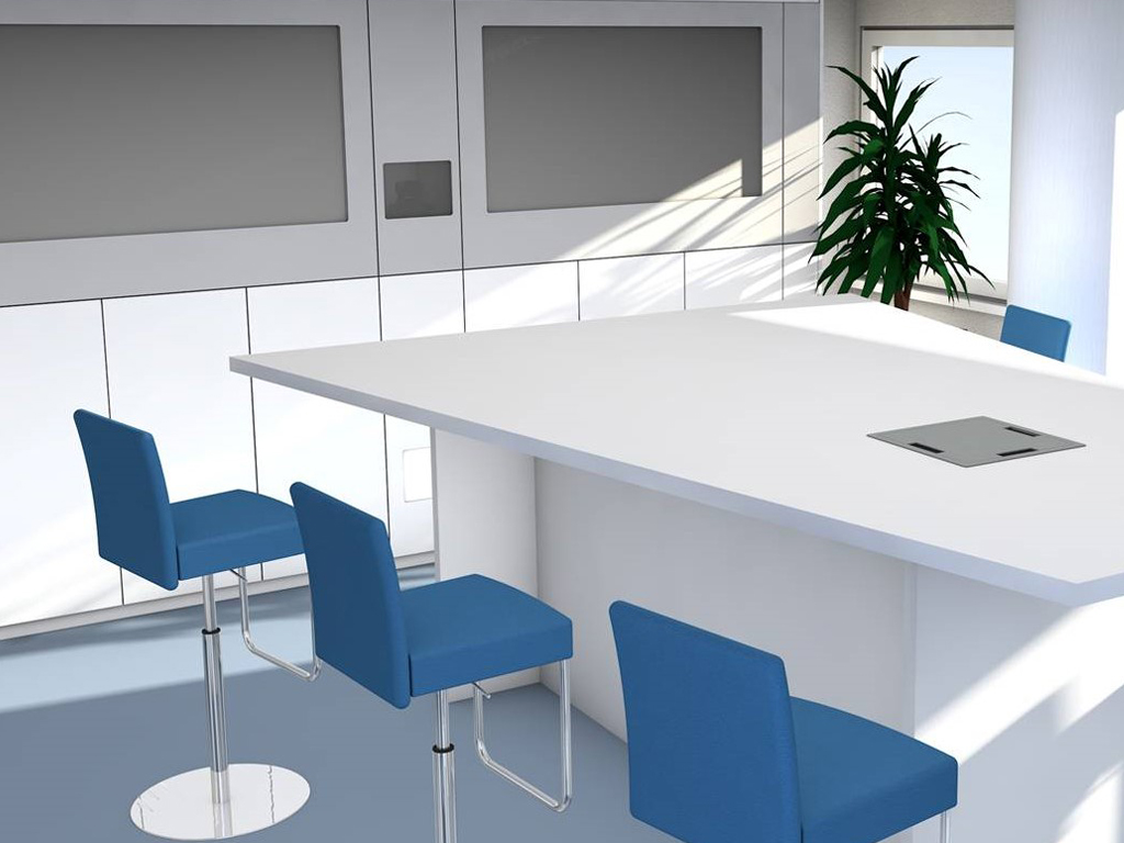 Media wall with conference table and stools