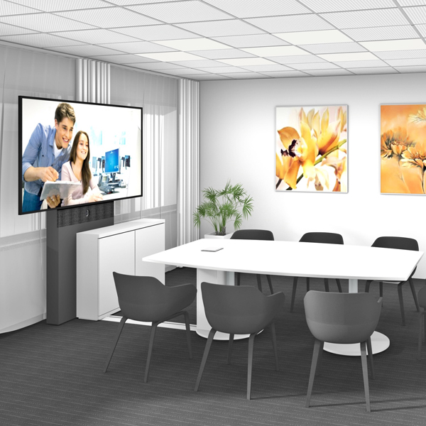Navigation planning service with conference room. It includes a media column with display and a conference table with chairs.