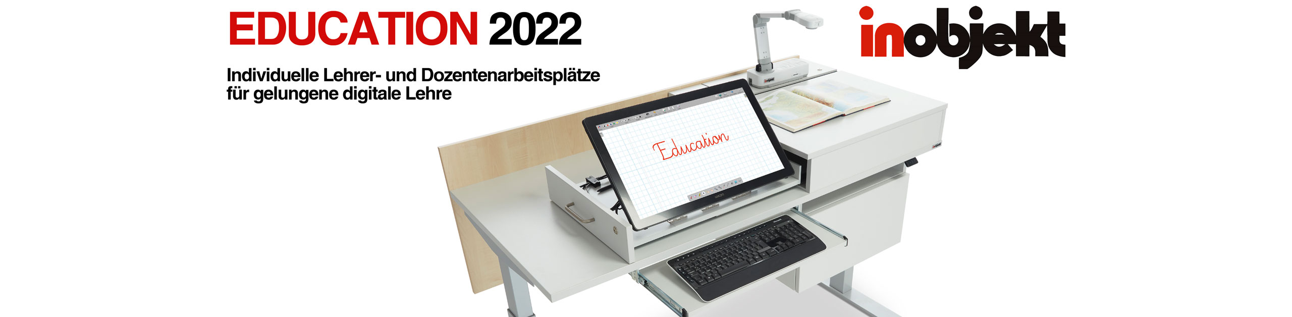 Header: Titelseite EDUCATION 2022 Prospekt mit Lehrertisch ino.vation, mit interaktivem Display, Dokumentenkamera und Tastatur