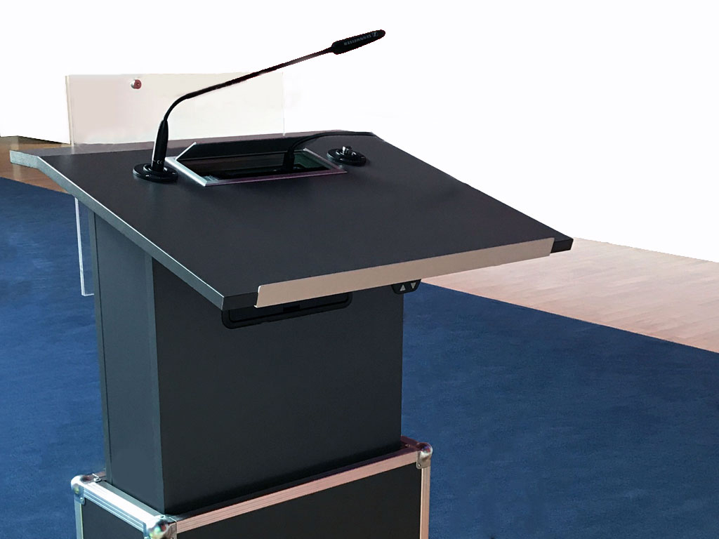Lectern in flight case design with microphone and connection panel for media technology