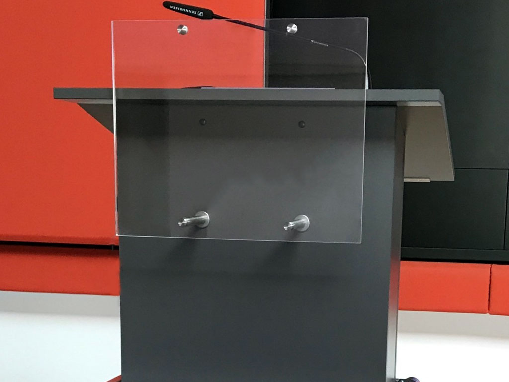 Lectern in flightcase look with perspex sign (rear view)