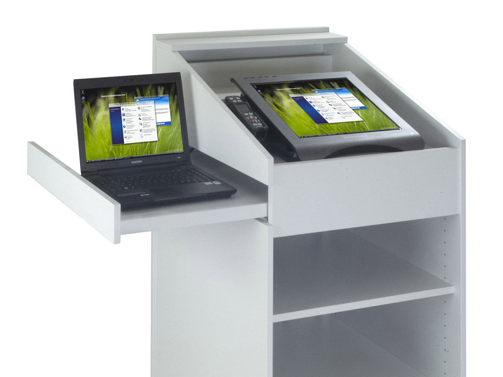 Lectern with display and side pull-out with notebook