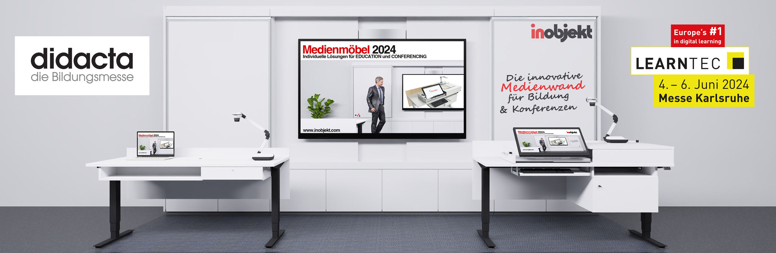Note Didacta Cologne (20 - 24.02.24), Learntec Karlsruhe (04 - 06.06.24). Exhibition stand with media wall ino.wall and media tables ino.desk + ino.vation.