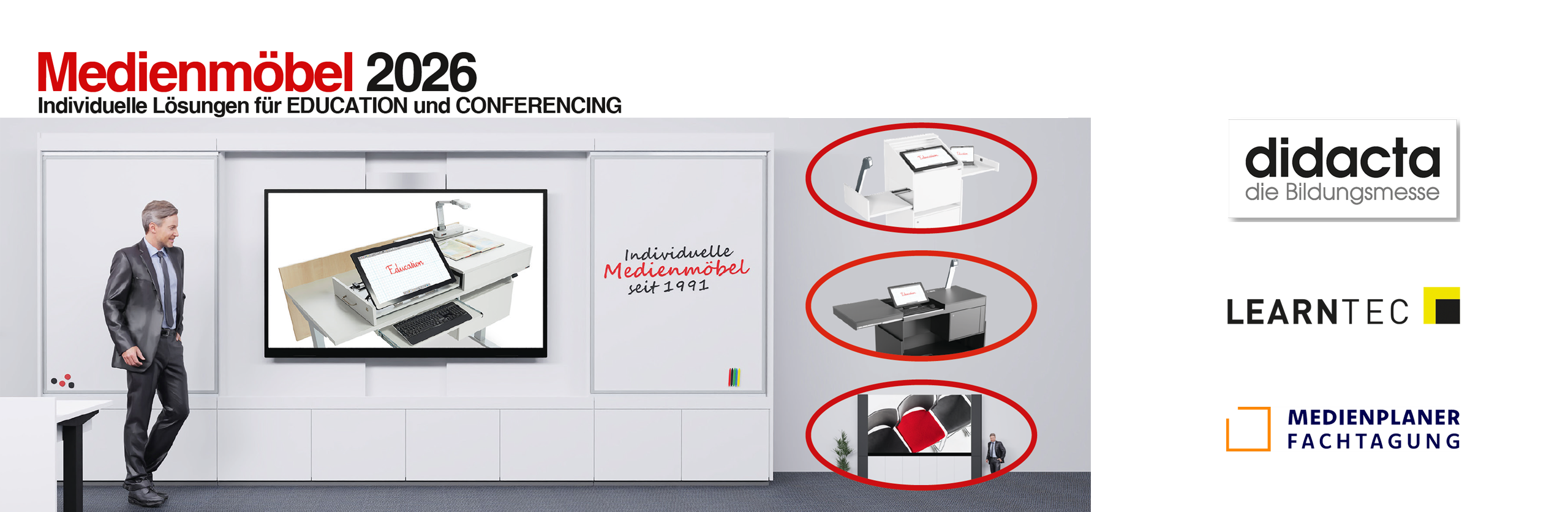 Hinweis Didacta Köln, Learntec Karlsruhe + Medienplaner Fachtagung. Messestand mit Medienwand ino.wall und Medientischen ino.desk + ino.vation.