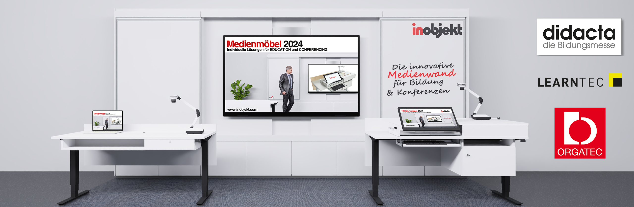 Note Didacta Cologne, Learntec Karlsruhe + Orgatec Cologne. Exhibition stand with media wall ino.wall and media tables ino.desk + ino.vation.