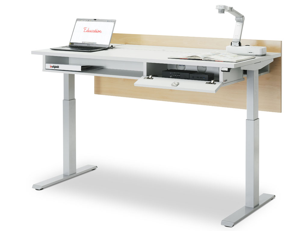 Front view of the ino.desk teacher's desk in use with the flap on the front of the desk open