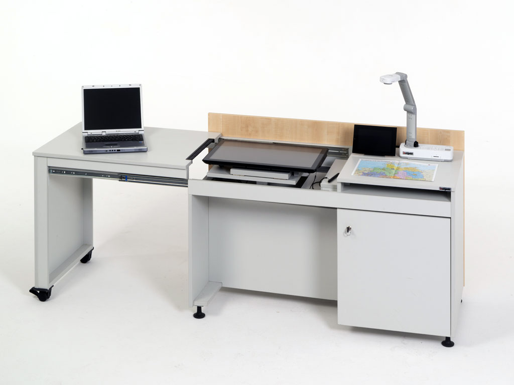 inobjekt media table ino.teach II with fully horizontal display in preparation for closing the pull-out on the left