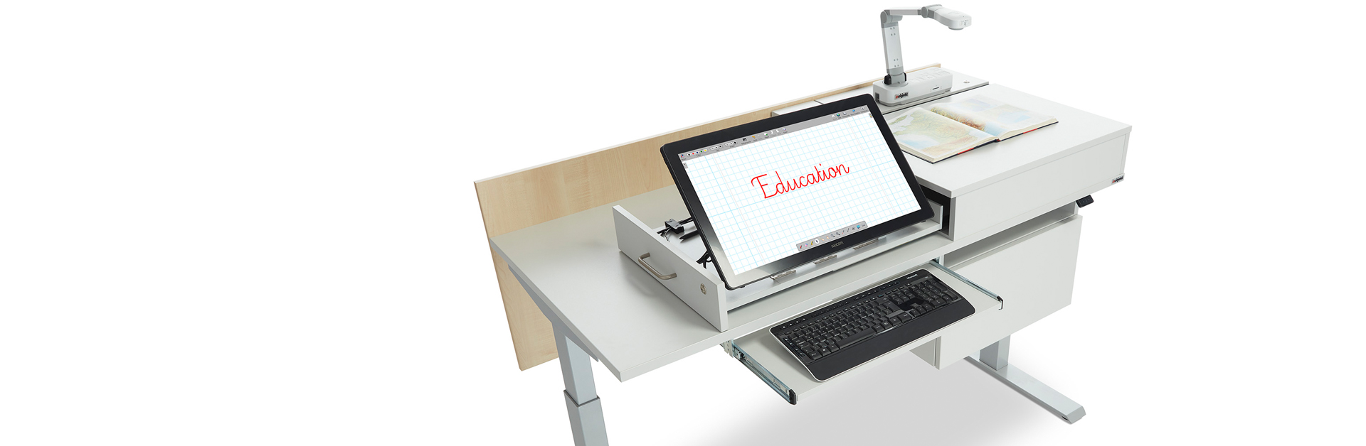 Header: Lehrertisch ino.vation mit interaktivem Display, Dokumentenkamera mit Buch sowie Tastaturauszug