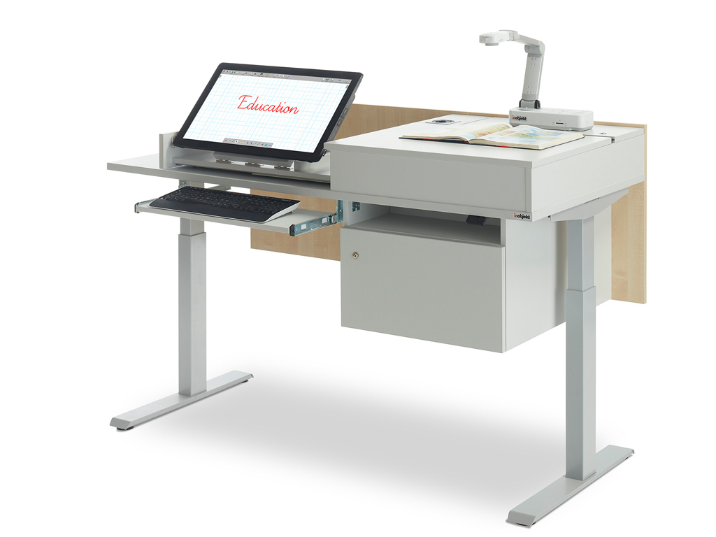 Teacher's desk ino.vation with interactive display, document camera with book, keyboard drawer and technology cabinet