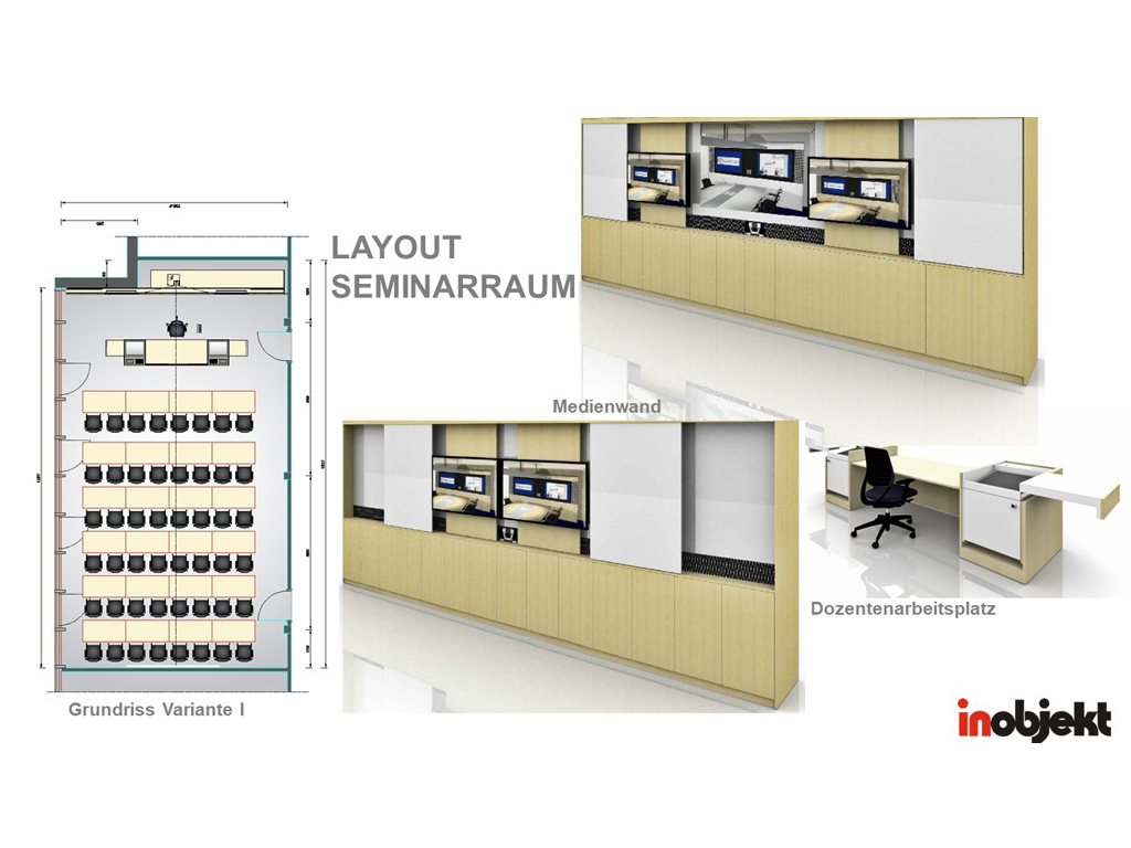 Layout for a seminar room with media wall and seating concept