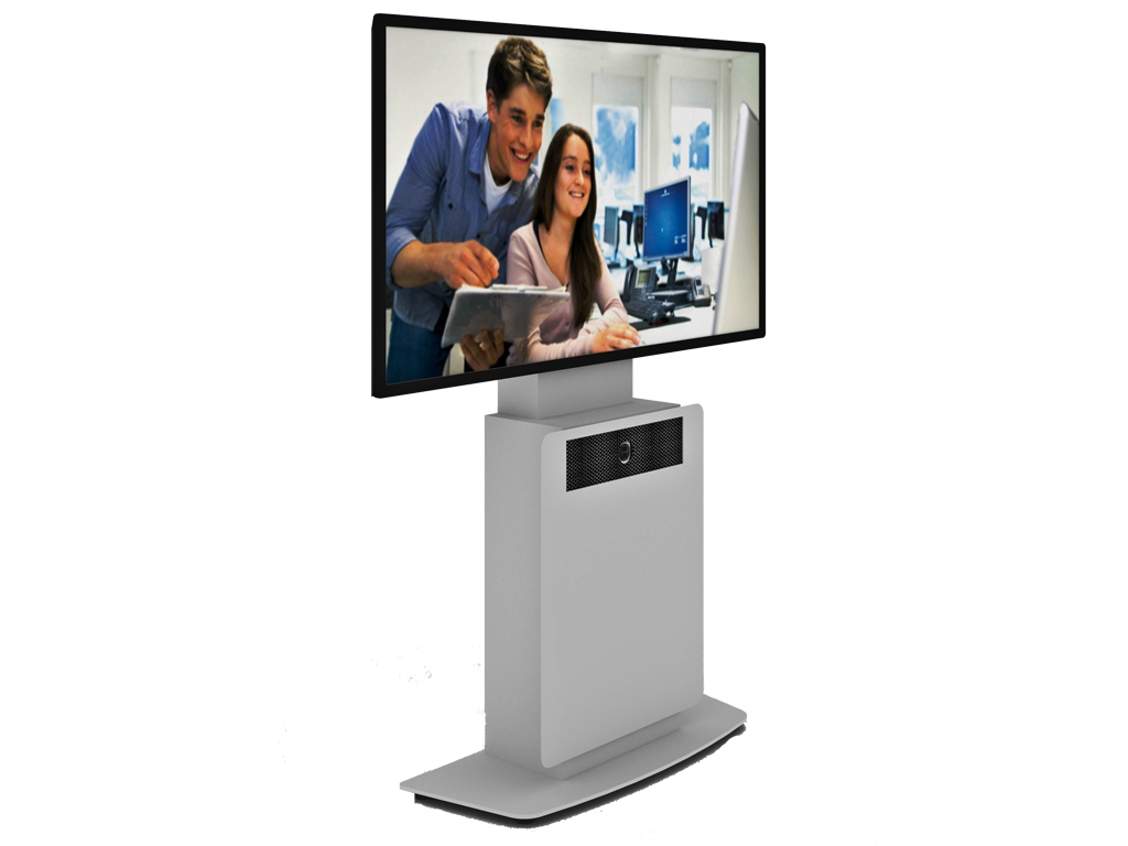 Rounded media pedestal with display, video conference module and technology cabinet