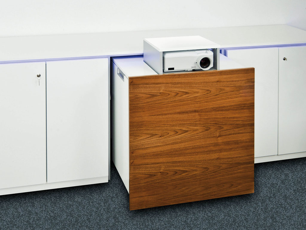 Media sideboard with integrated, height-adjustable projector. Open view.