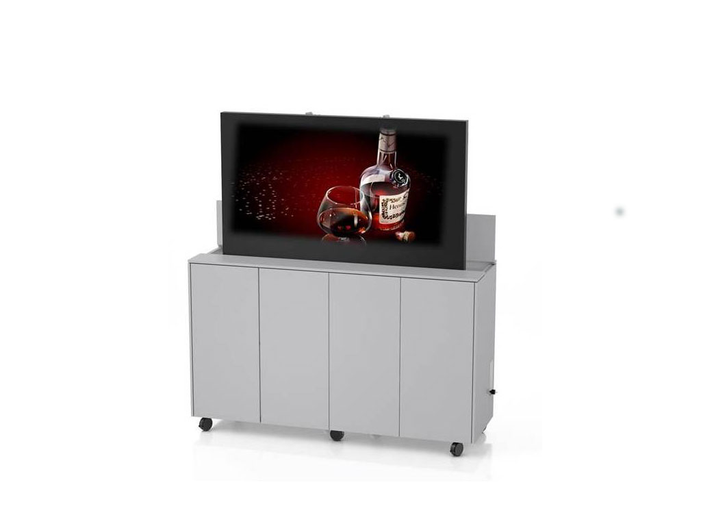 Mobile media sideboard/media trolley for the integration of a display. (height adjustable and retractable)