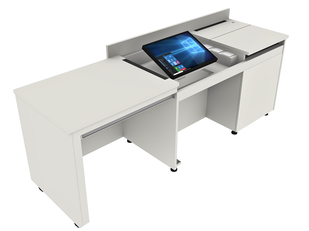 ino.teach II teacher's desk with interactive display and closed storage compartment for document camera
