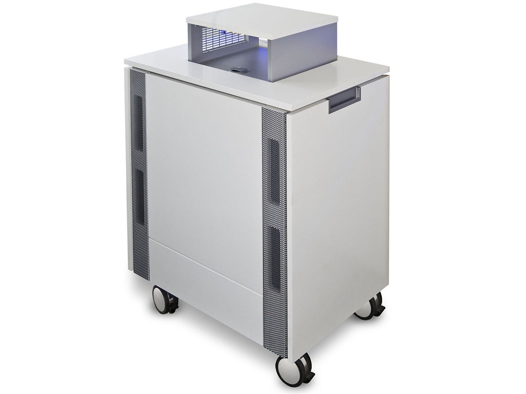 Media trolley with projector and ventilation grilles