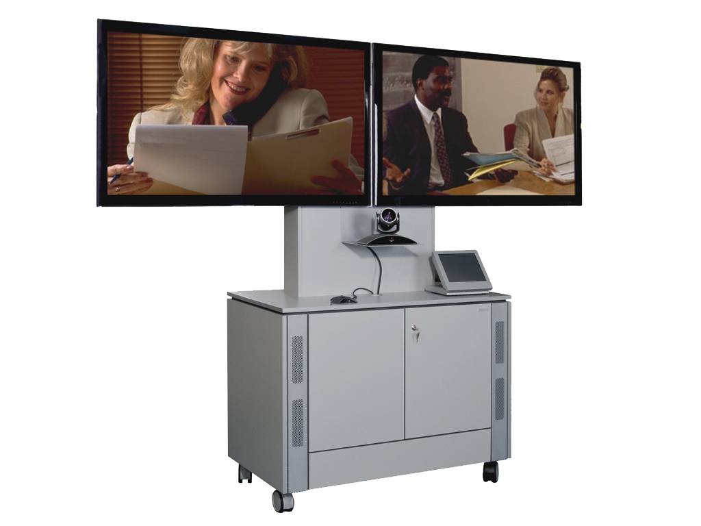 Media trolley with dual display, video conferencing camera and media controls