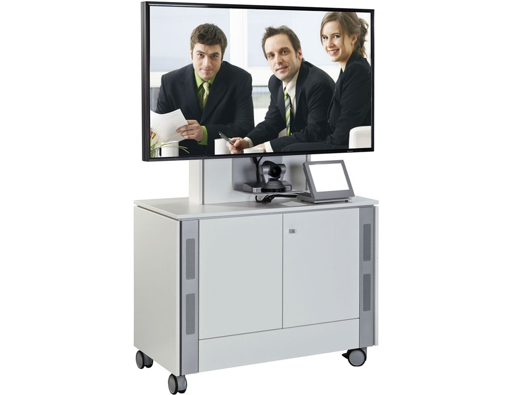 Media trolley with display, video conference camera and media control system