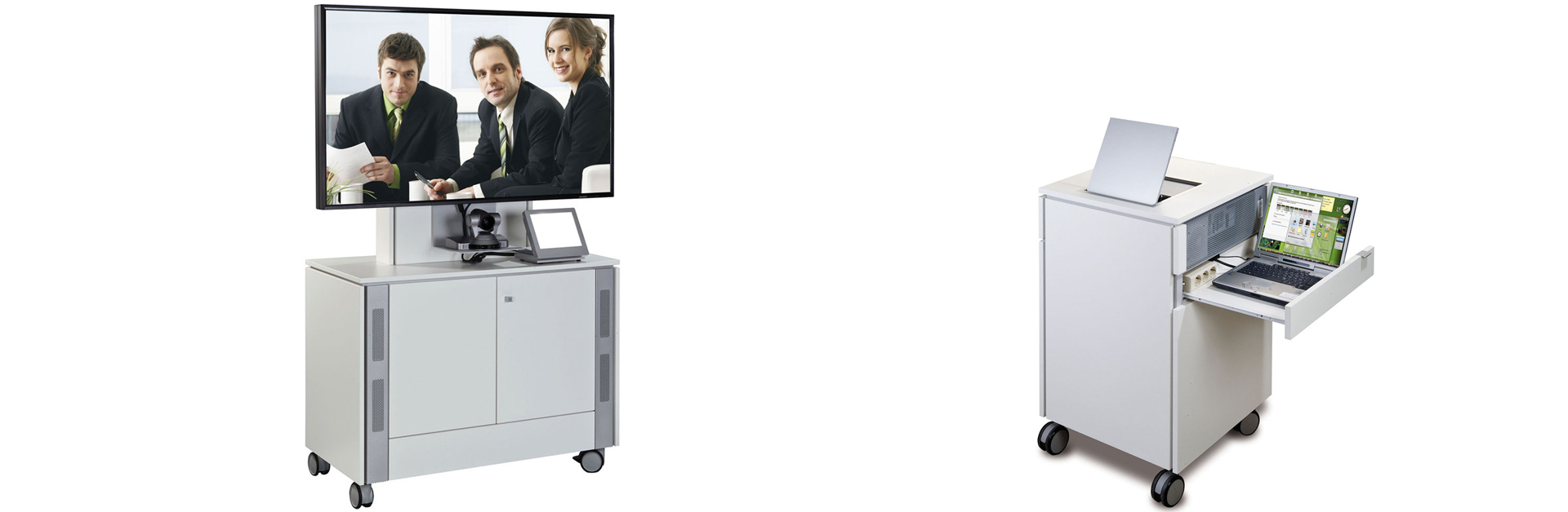 Header: Picture shows two media trolleys. One media trolley with display and video conference module, one media trolley with projector and notebook.