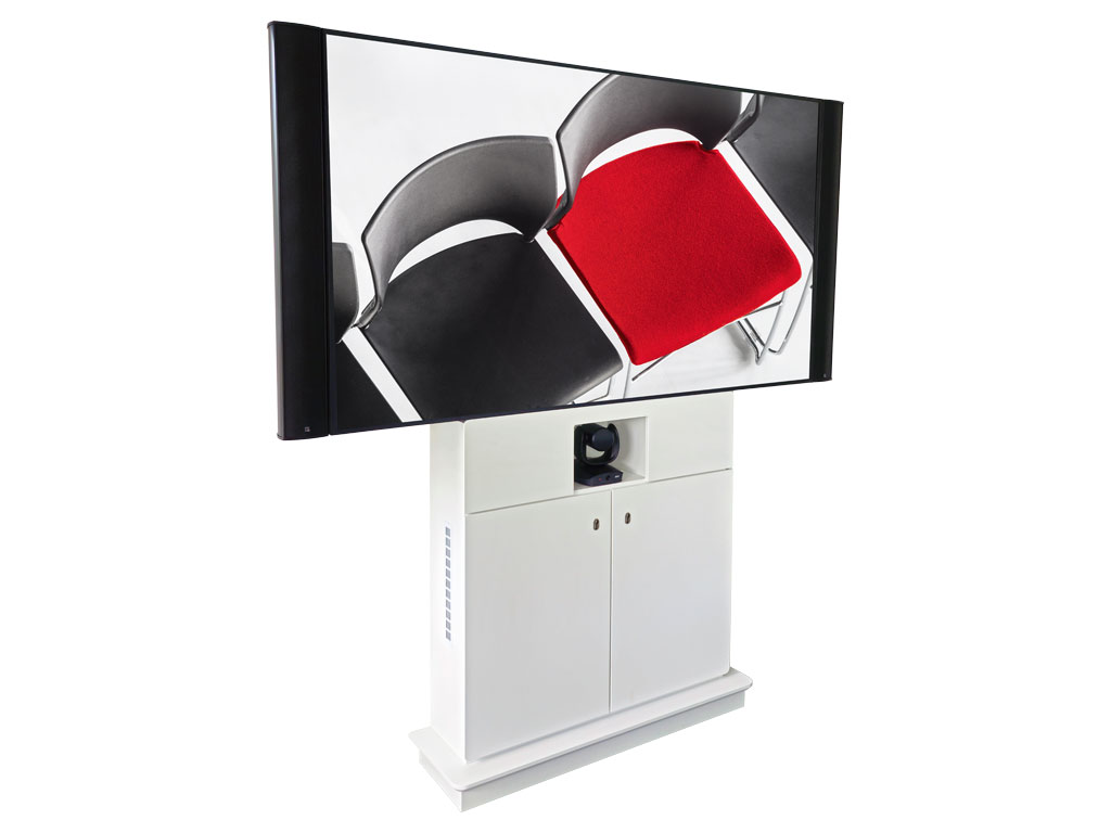 Medienstele forum.avance mit Videokonferenzmodul und zweI Türen