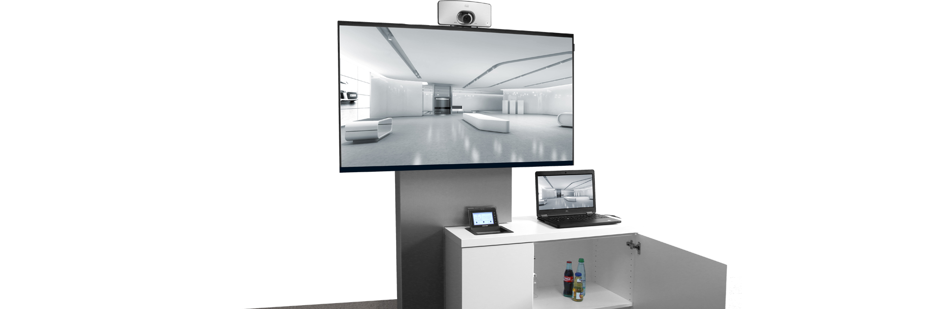 Header: Medienstele mit Videokonferenzkamera, Mediensteuerung, Notebook und Technikschrank
