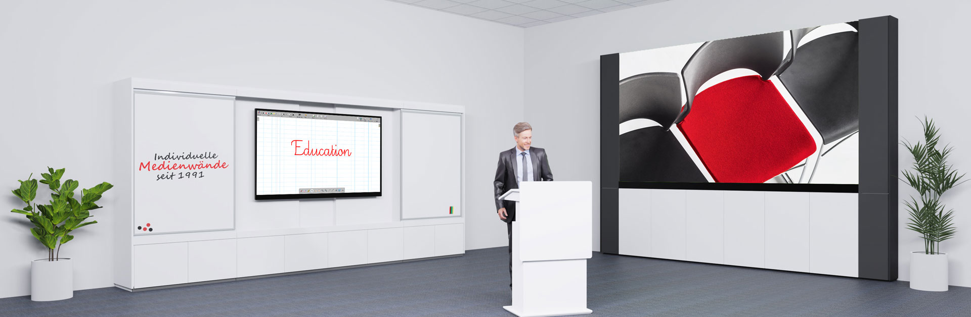 Header Medienwände mit Medienwand ino.wall und Medienwand led.walll sowie Rednerpult forum.avance