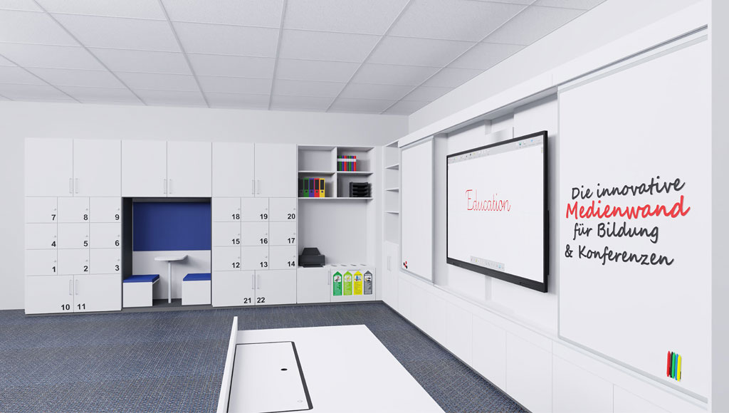 Medienwand ino.wall als Eck-Variante mit zusätzlichen Eigentumsfächern und Sitznische