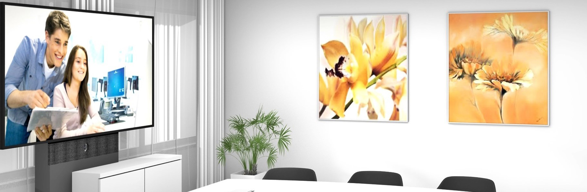 Header: 3D visualisation media stele with display in a conference room with meeting table