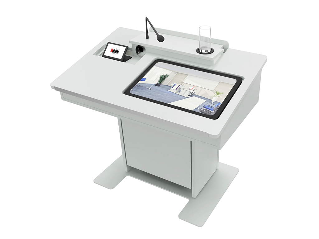 Lecturer's desk teach.formosa with interactive display, microphone, drinking glass holder and touch panel