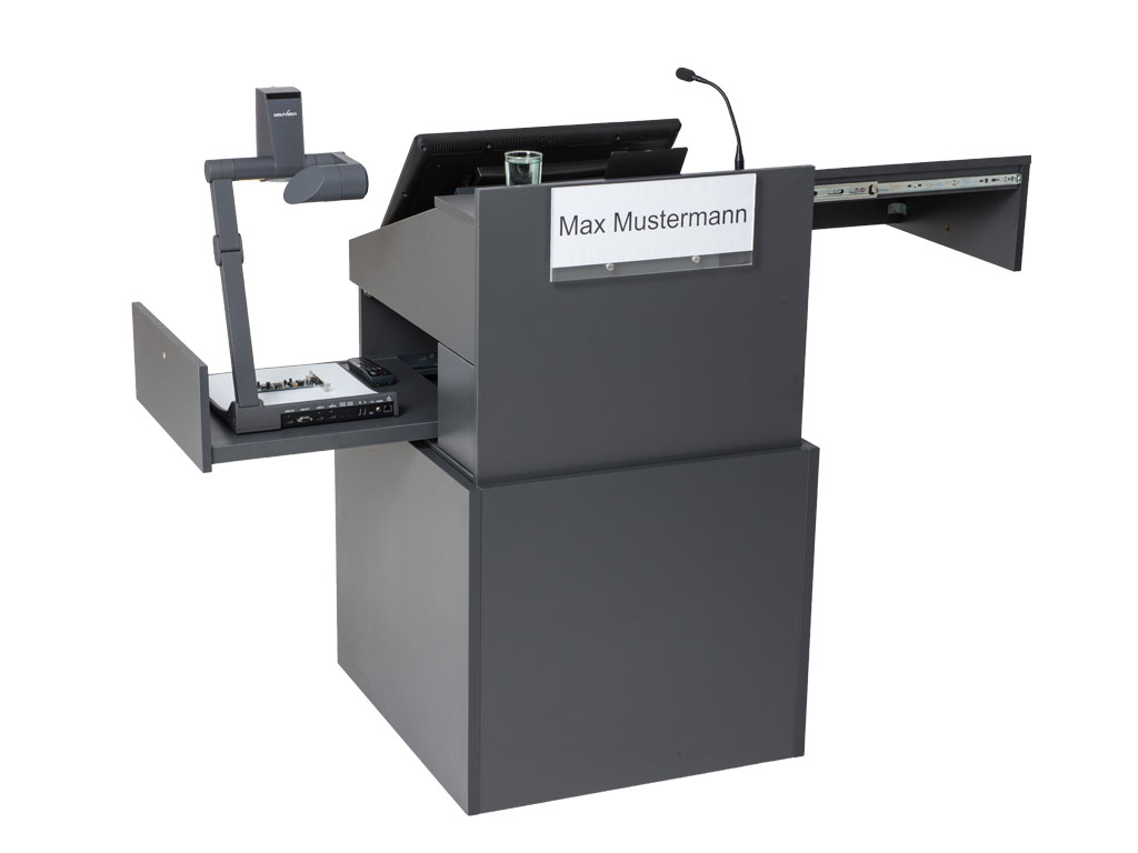 teach.uno rear view with open pull-outs for document camera and notebook. Freely configurable name and logo plate.