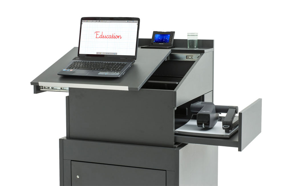 teach.uno lecturer's desk with half-open pull-outs.