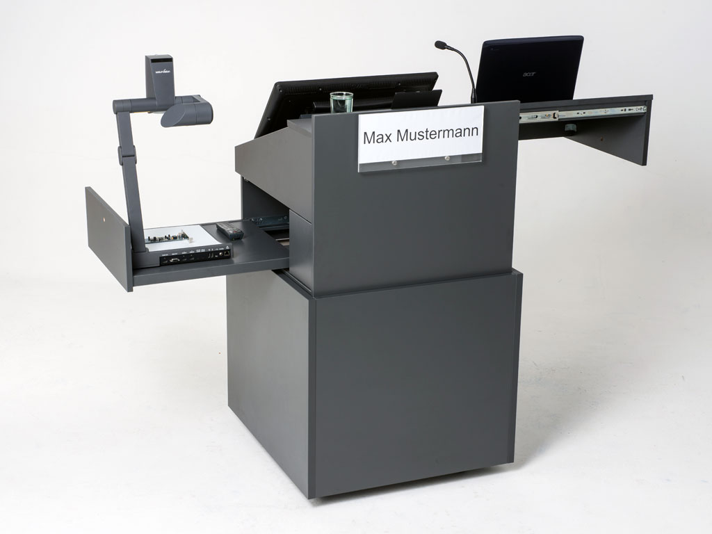 teach.uno rear view with open pull-outs for document camera and notebook. Freely configurable name and logo plate.